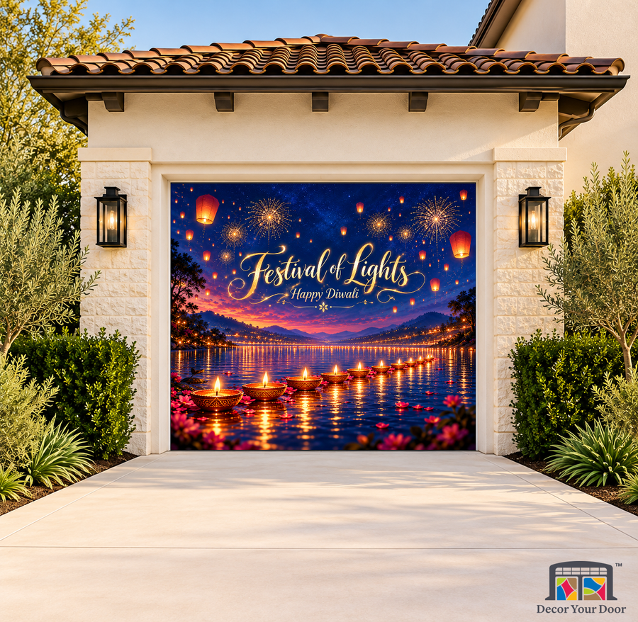Sapphire Festival of Lights Diwali Garage Door Cover on a one-car garage, exterior front house mockup