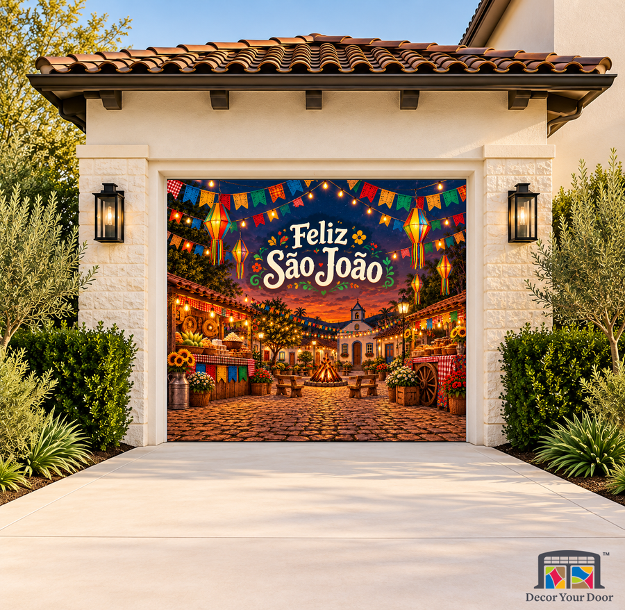 Arraial Twilight Square Festa Junina Garage Door Cover on a one-car garage, exterior front house mockup