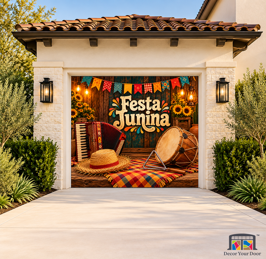 Forro Artisan Still Life Festa Junina Garage Door Cover on a one-car garage, exterior front house mockup