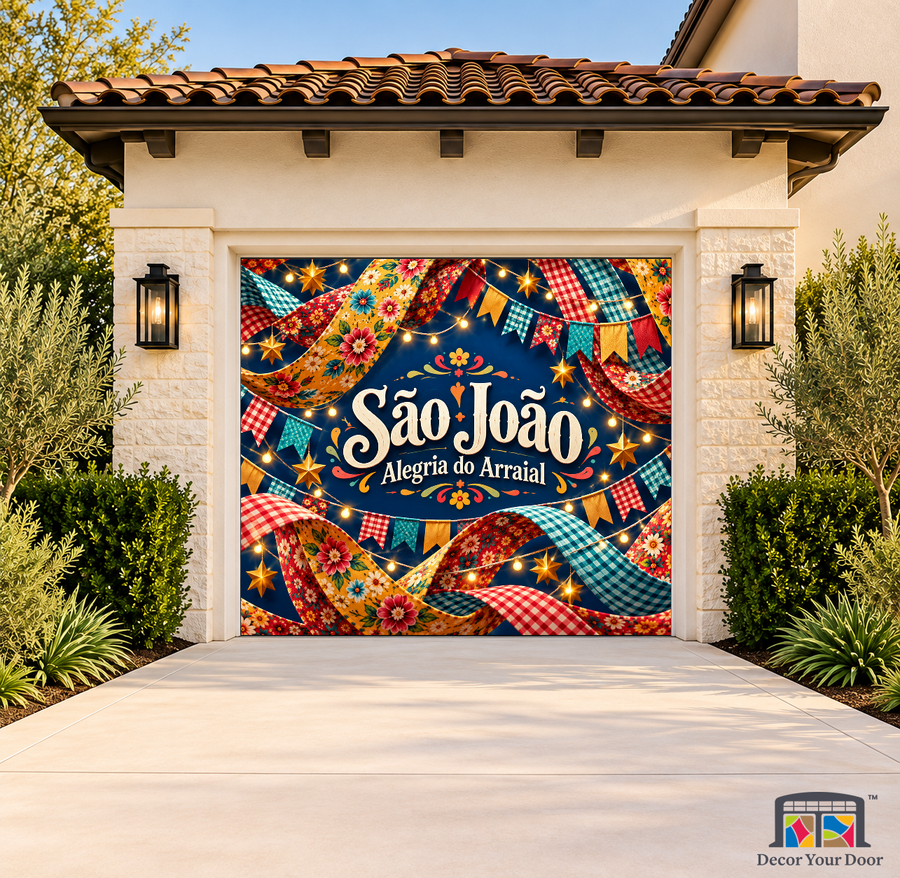 Sao Joao Ribbon Symphony Festa Junina Garage Door Cover on a one-car garage, exterior front house mockup
