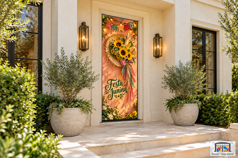 Straw Hat Sunflowers Festa Junina - Sao Joao front door cover, front door angle