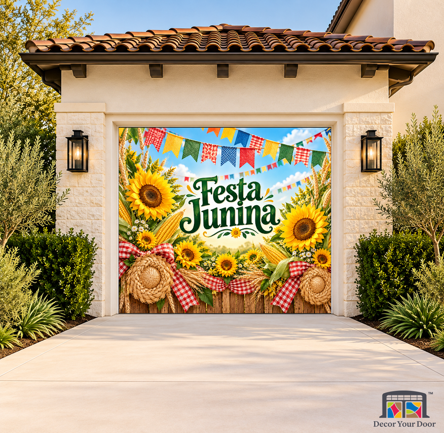 Sunflower Harvest Festa Festa Junina Garage Door Cover on a one-car garage, exterior front house mockup