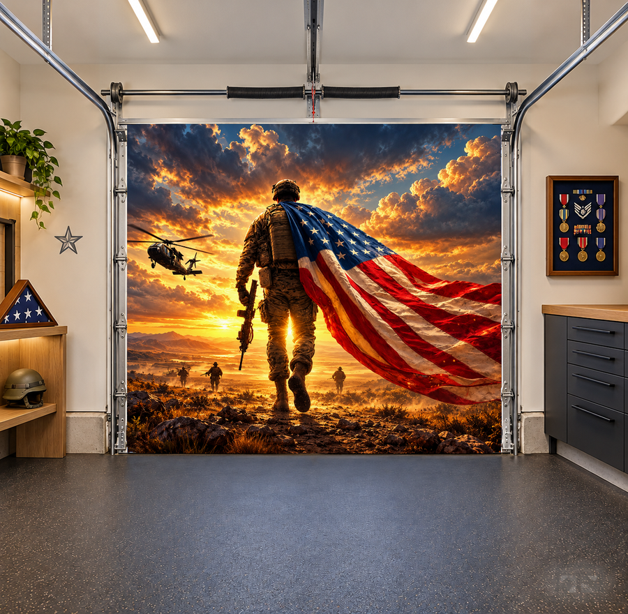 Flag of Valor interior garage door cover — one car front