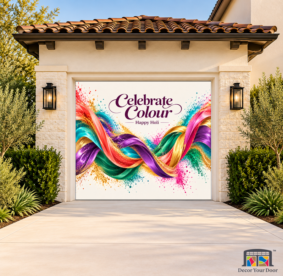 Chromatic Silk Current Holi Garage Door Cover on a one-car garage, exterior front house mockup