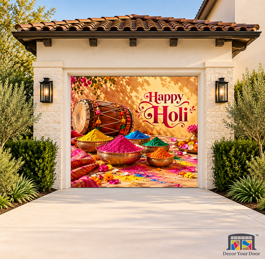 Gulal Artisan Still Life Holi Garage Door Cover on a one-car garage, exterior front house mockup