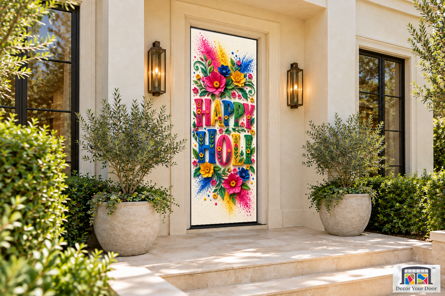 Holi Lettering Garden Holi front door cover, front door angle