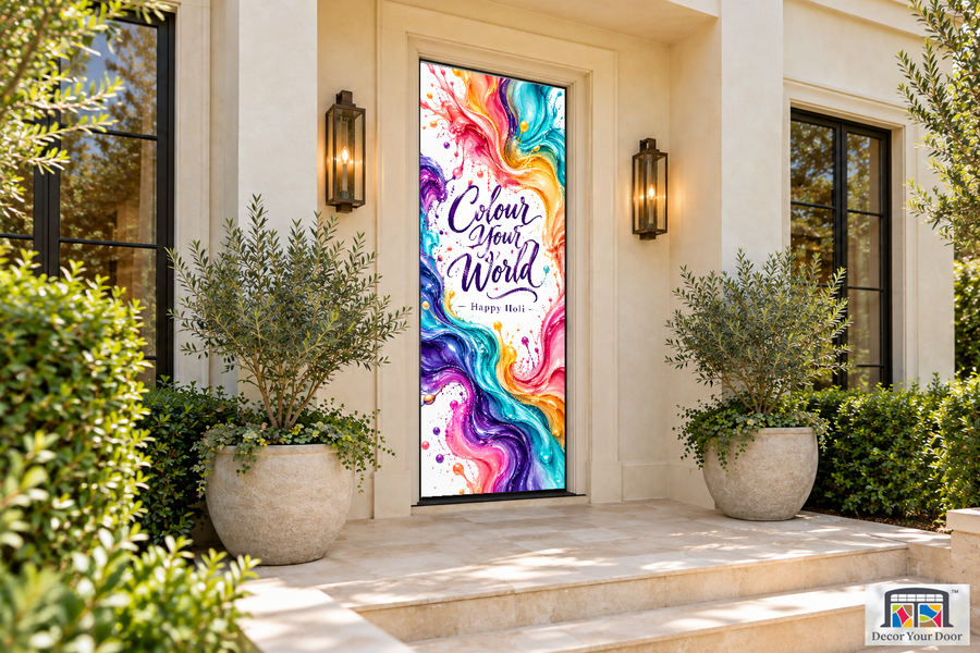 Liquid Colour Marble Holi front door cover, front door angle