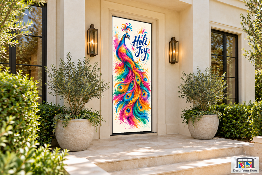 Pigment Peacock Holi front door cover, front door angle