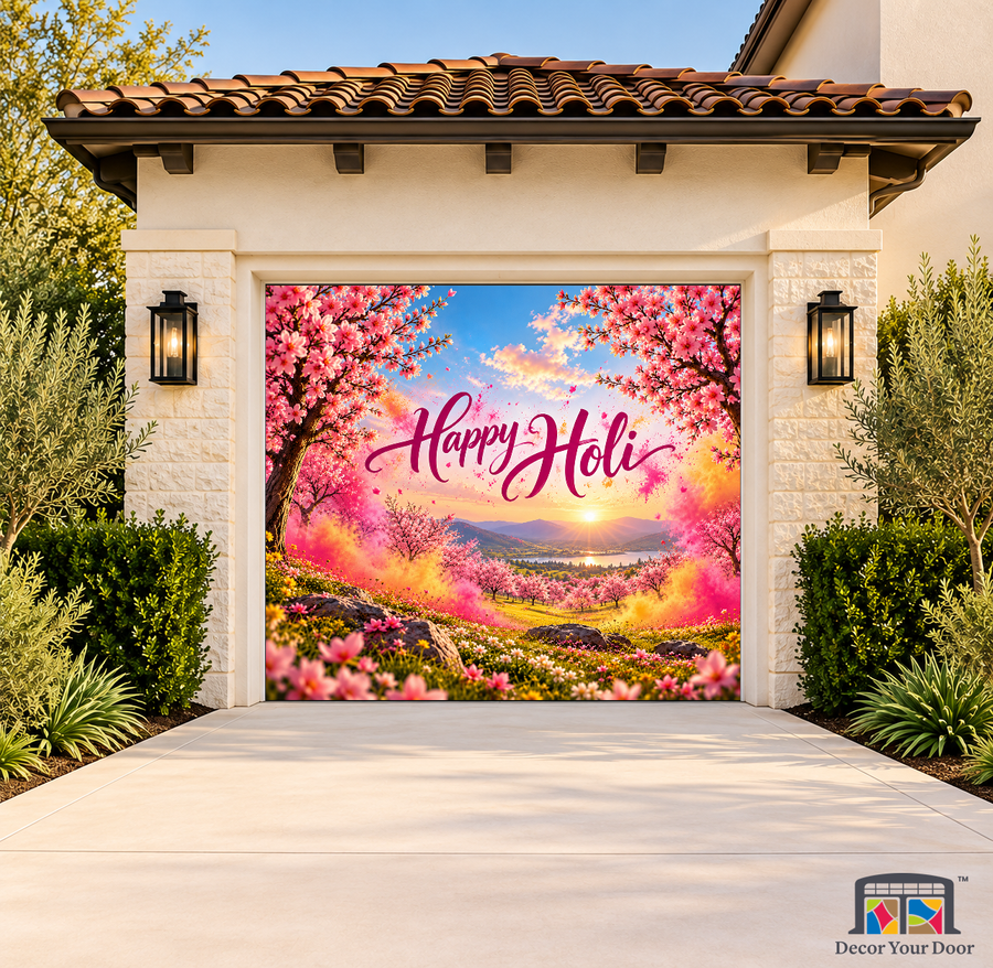 Spring Orchard of Colour Holi Garage Door Cover on a one-car garage, exterior front house mockup