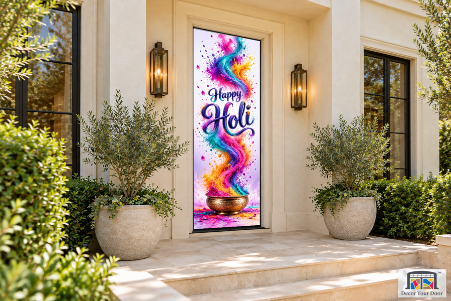 Vertical Colour Fountain Holi front door cover, front door angle