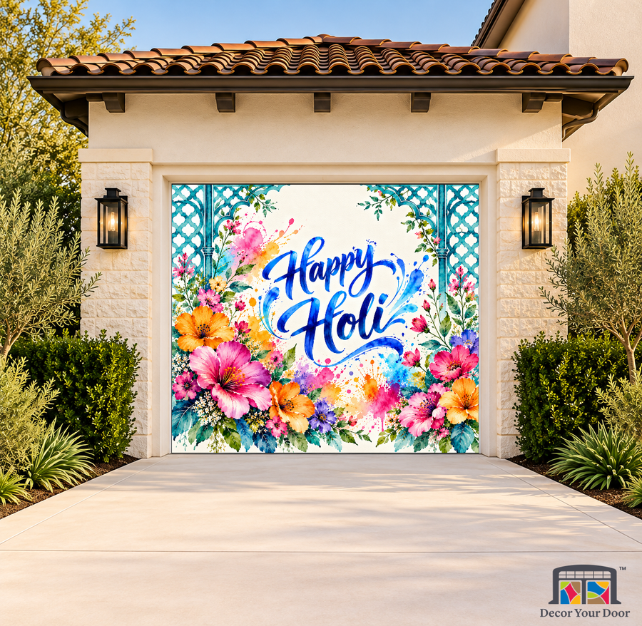 Watercolour Garden Festival Holi Garage Door Cover on a one-car garage, exterior front house mockup