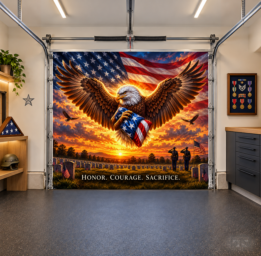 Honor Courage Sacrifice interior garage door cover — one car front