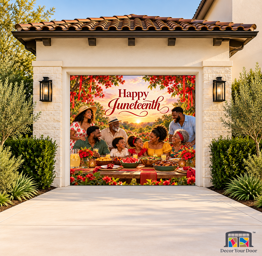 Community Garden Celebration Juneteenth Garage Door Cover on a one-car garage, exterior front house mockup