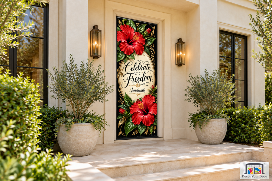 Freedom Hibiscus Juneteenth front door cover, front door angle