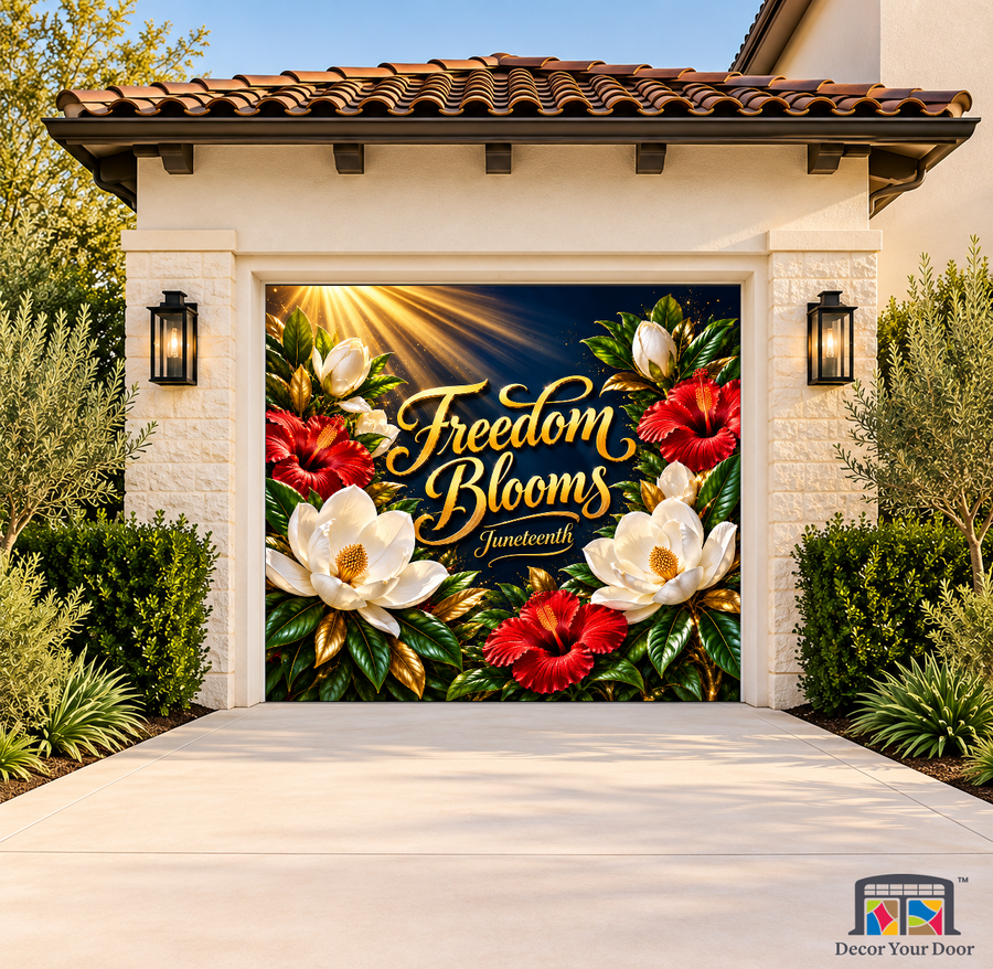 Freedom Magnolia Garden Juneteenth Garage Door Cover on a one-car garage, exterior front house mockup