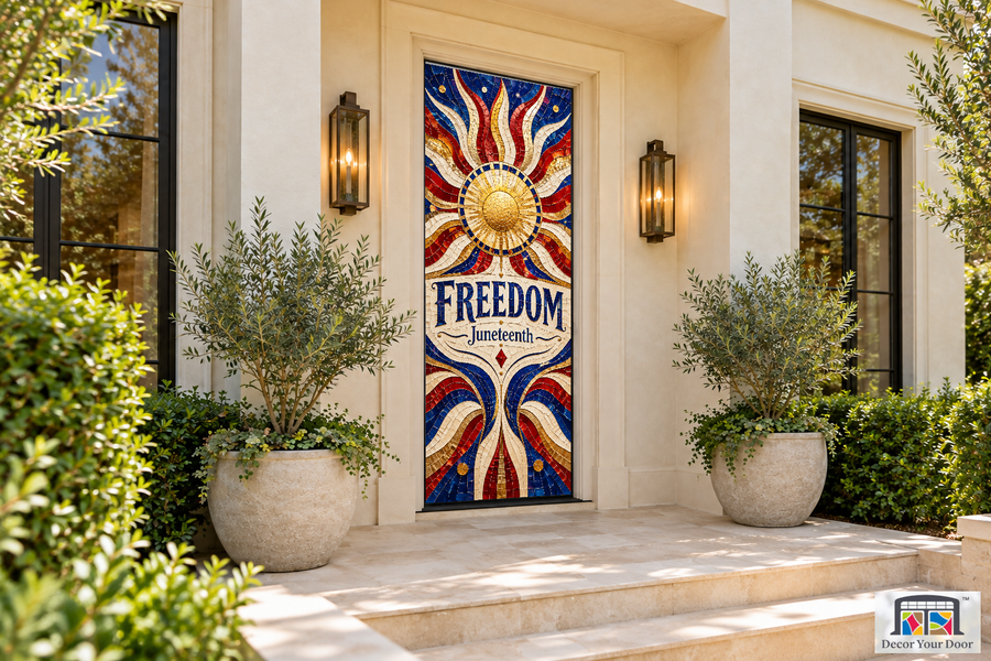 Freedom Patchwork Mosaic Juneteenth front door cover, front door angle