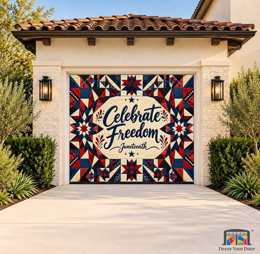 Freedom Quilt Story Juneteenth Garage Door Cover on a one-car garage, exterior front house mockup