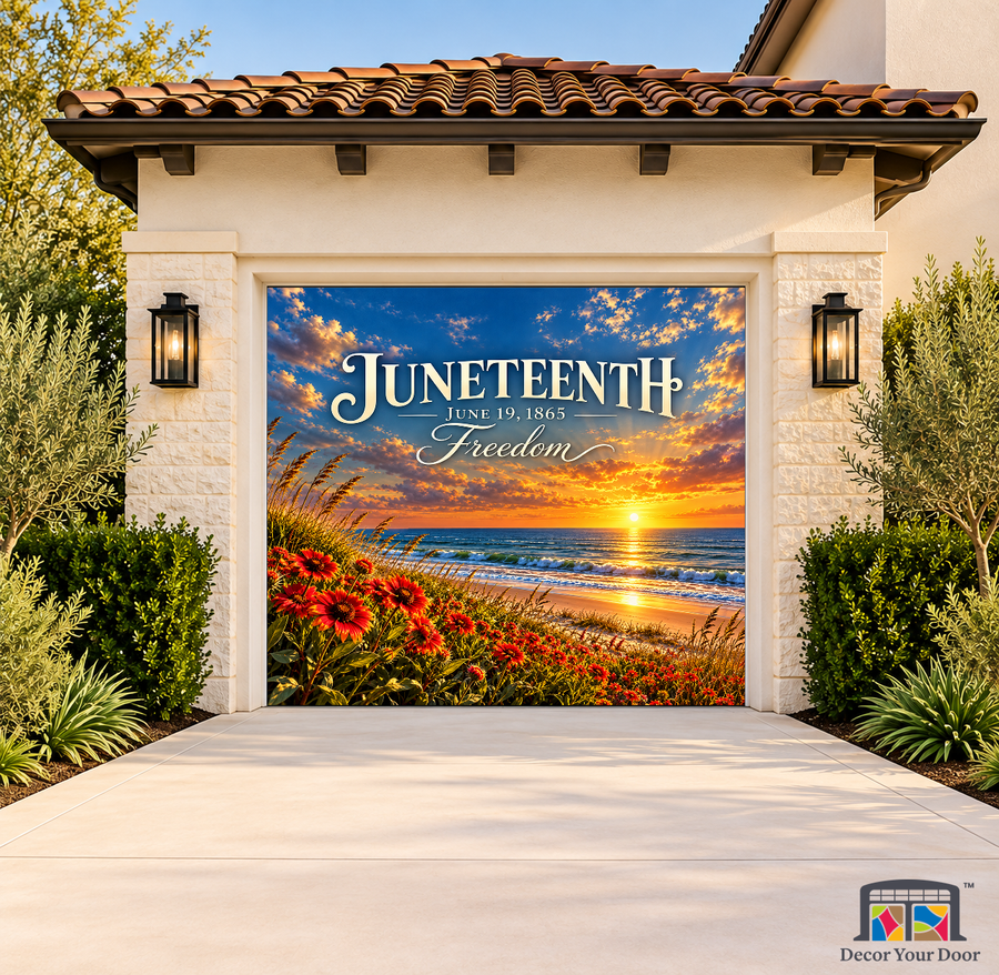 Galveston Freedom Sunrise Juneteenth Garage Door Cover on a one-car garage, exterior front house mockup