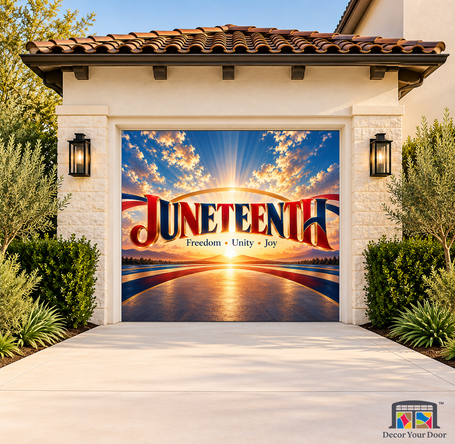 Juneteenth Bold Future Juneteenth Garage Door Cover on a one-car garage, exterior front house mockup