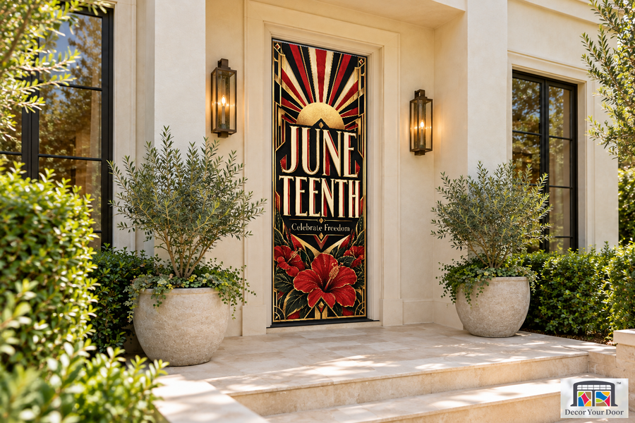 Juneteenth Deco Pride Juneteenth front door cover, front door angle