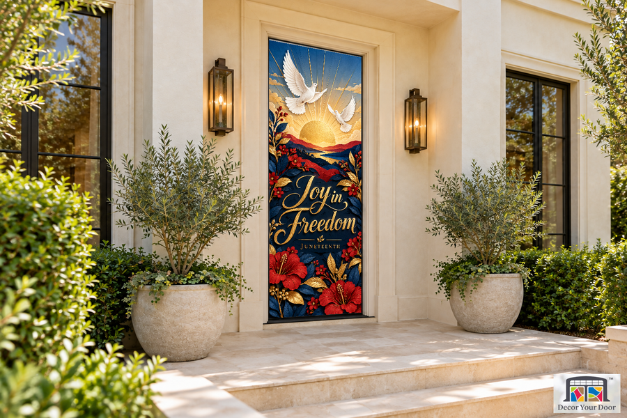 Rising Sun of Freedom Juneteenth front door cover, front door angle