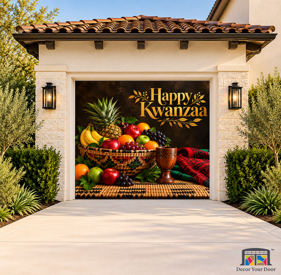 Harvest of Togetherness Kwanzaa Garage Door Cover on a one-car garage, exterior front house mockup