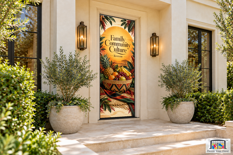 Harvest Sun Kwanzaa front door cover, front door angle