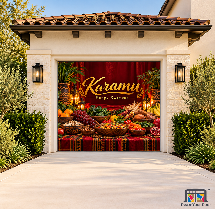 Karamu Evening Kwanzaa Garage Door Cover on a one-car garage, exterior front house mockup