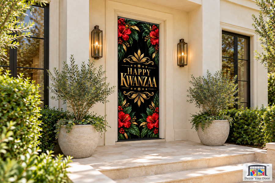 Kwanzaa Golden Wishes Kwanzaa front door cover, front door angle