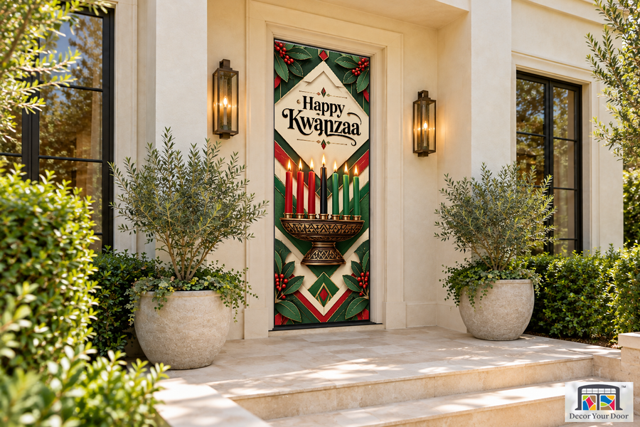 Seven Candle Emblem Kwanzaa front door cover, front door angle