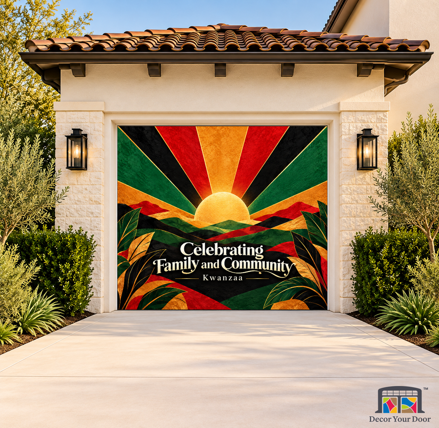Seven Principles Radiance Kwanzaa Garage Door Cover on a one-car garage, exterior front house mockup