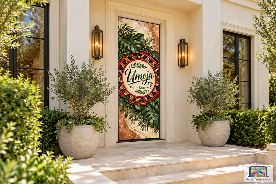 Umoja Botanical Welcome Kwanzaa front door cover, front door angle