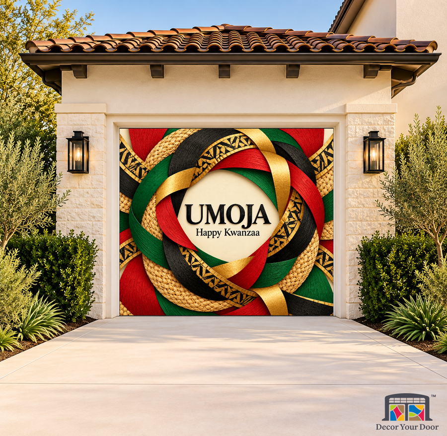 Umoja Circle Kwanzaa Garage Door Cover on a one-car garage, exterior front house mockup