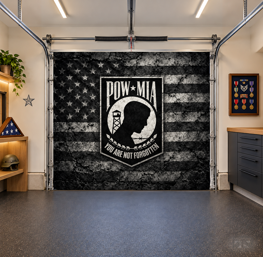 POW MIA Tribute interior garage door cover — one car front