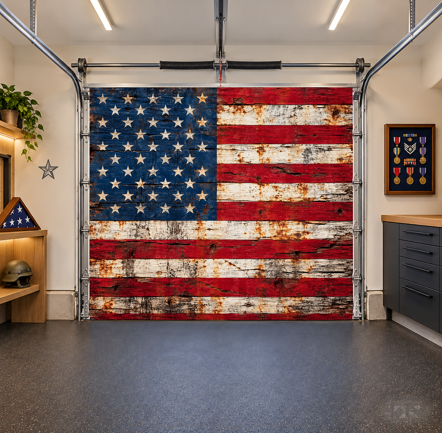 Rustic American Flag interior garage door cover — one car front