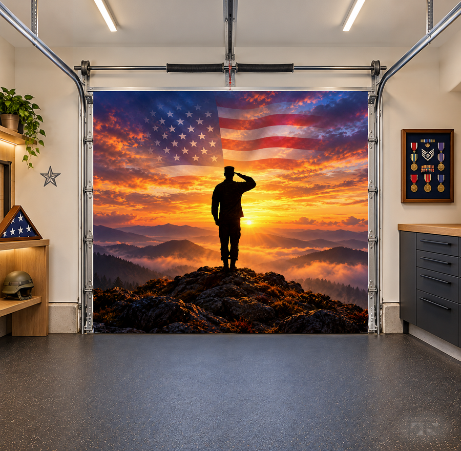 Salute at Sunset interior garage door cover — one car front