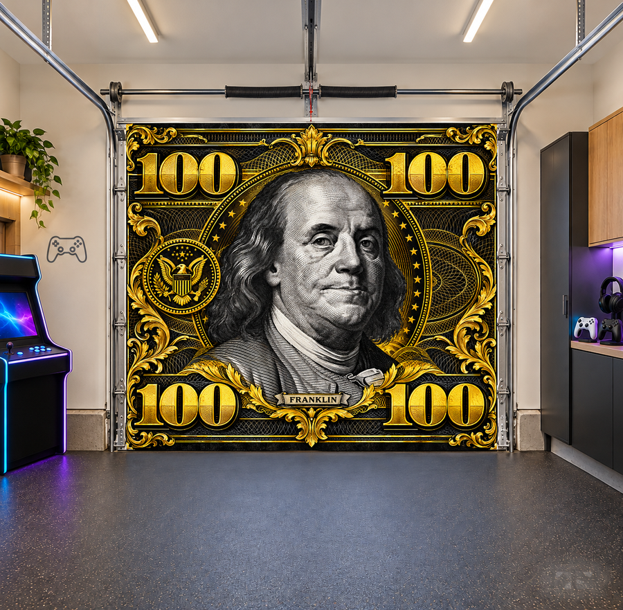 100 Dollar Bill Power interior garage door cover — one car front