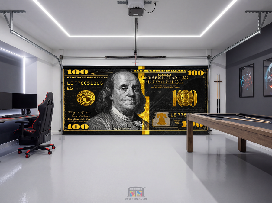 100 Dollar Bill Power – Game Room Interior Garage Door Cover