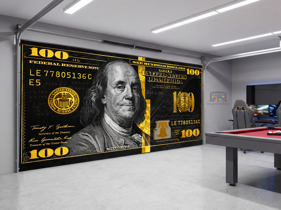 100 Dollar Bill Power – Game Room Interior Garage Door Cover
