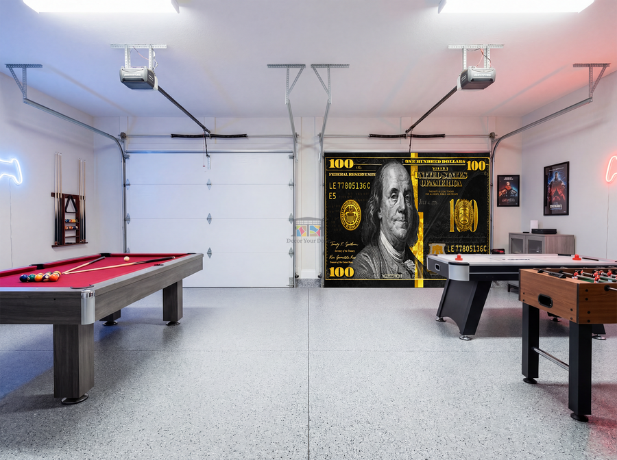 100 Dollar Bill Power – Game Room Interior Garage Door Cover