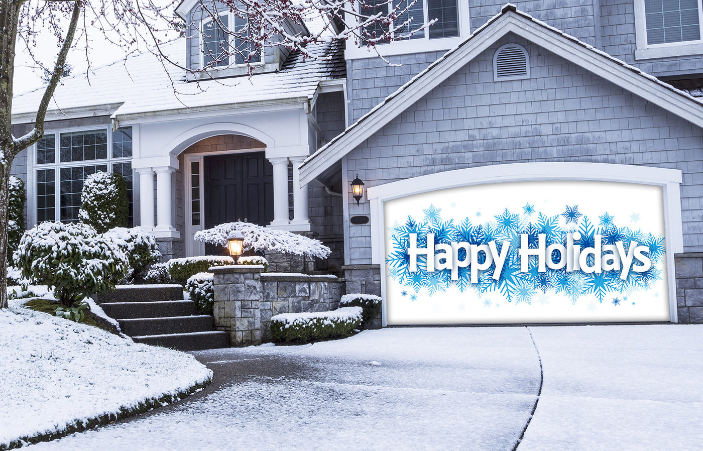 Happy Holidays with Snowflake Garage Door Cover Banner Wrap