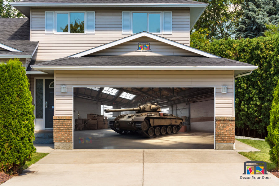 Tanque estacionado en el garaje - Lona publicitaria para puerta de garaje n.° 1