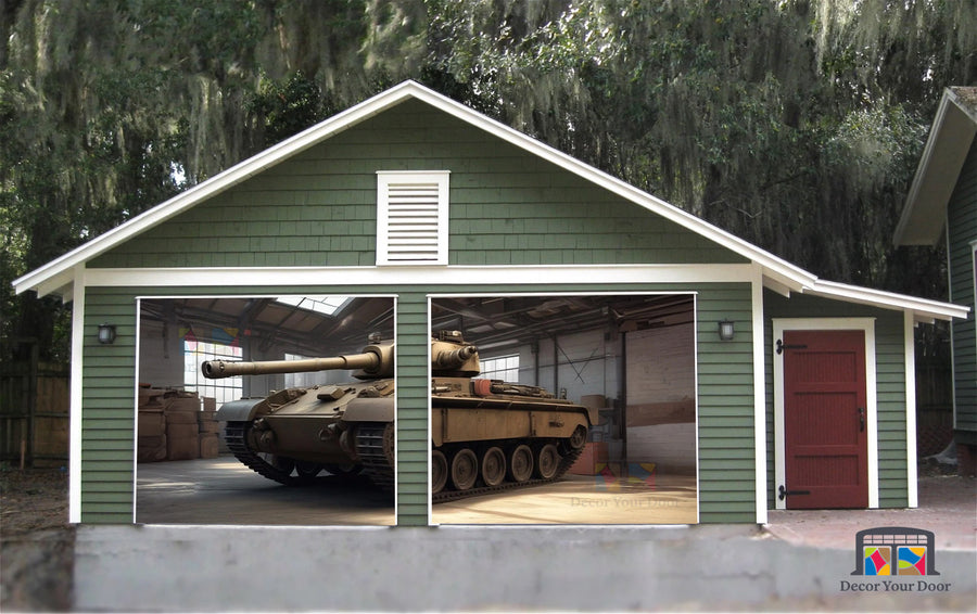 Tanque estacionado en el garaje - Lona publicitaria para puerta de garaje n.° 1