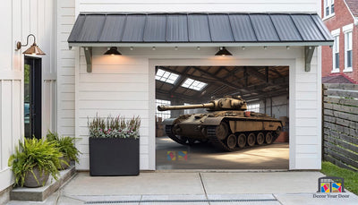 Tank Parked in the Garage - Garage Door Cover Banner Wrap #1