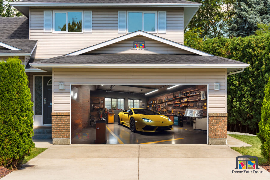 Lamborghini Huracán amarillo aparcado en el garaje - Vinilo para puerta de garaje n.º 1