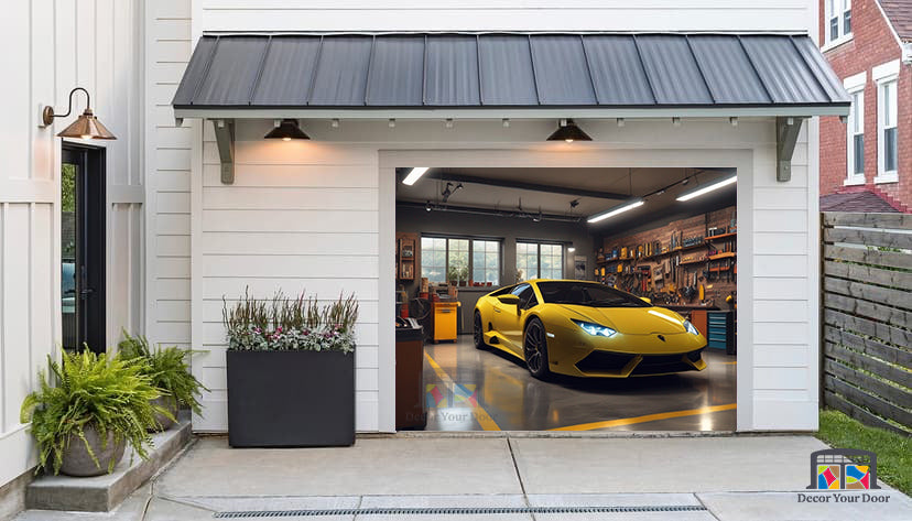 Yellow Lamborghini Huracan Parked in the Garage - Garage Door Cover Banner Wrap #1