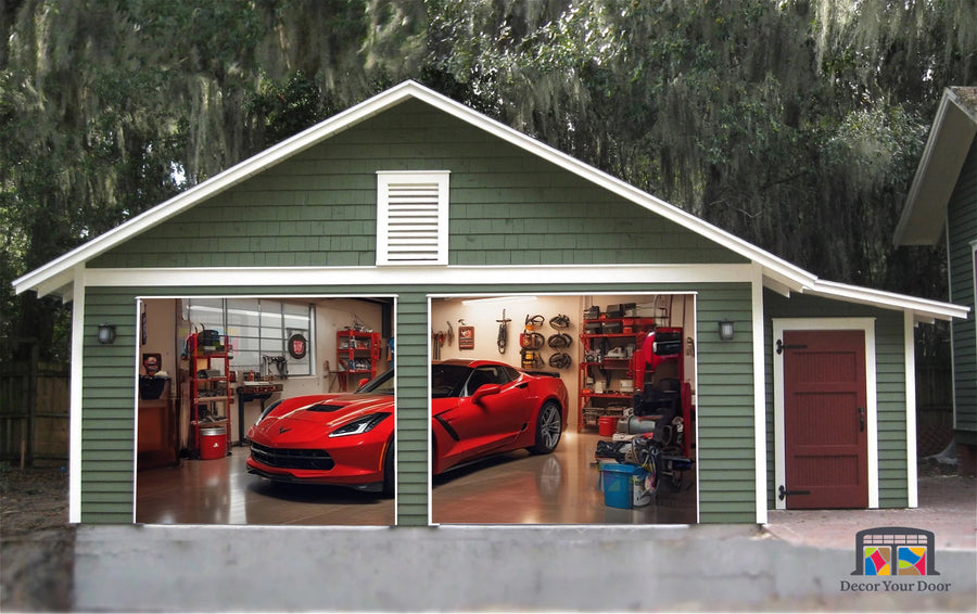 Corvette C7 rojo estacionado en el garaje - Vinilo para puerta de garaje n.° 1