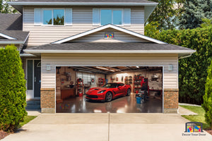 Corvette C7 rojo estacionado en el garaje - Vinilo para puerta de garaje n.° 1