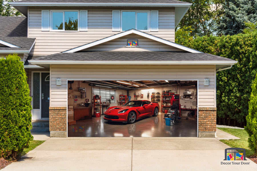 Corvette C7 rojo estacionado en el garaje - Vinilo para puerta de garaje n.° 1