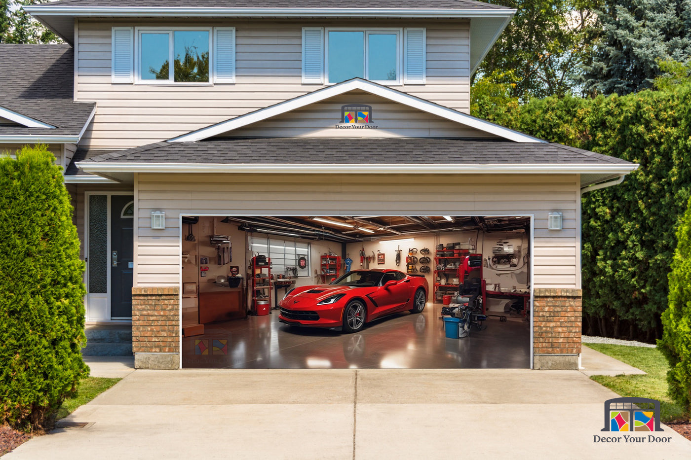 Red Corvette C7 Parked in the Garage - Garage Door Cover Banner Wrap #1